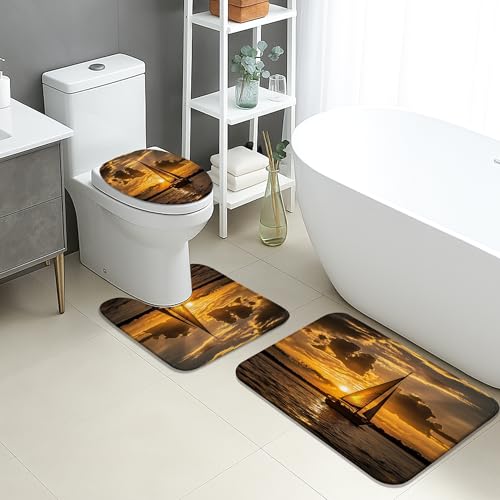 Badvorleger-Set mit Segelmotiv, 3-teilig, nautischer Sonnenuntergang, saugfähig, rutschfest, U-förmig, waschbar, schnell trocknend, Memory-Schaum, Badezimmerteppich-Set Badvorleger-Set mit Segelmotiv, 3-teilig, nautischer Sonnenuntergang, saugfähig, rutschfest, U-förmig, waschbar, schnell trocknend, Memory-Schaum, Badezimmerteppich-Set von Generic