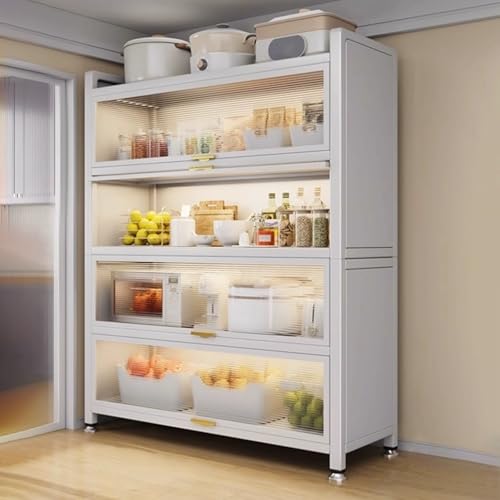 BäCkerregal Mit KlapptüRen, MikrowellenstäNder Mit Eingebauter Rolle for TöPfe, Besteck, Kaffeemaschine (Weiß/Schwarz) von Generic