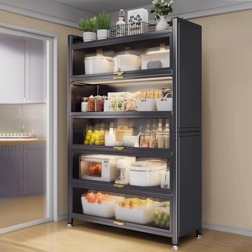 BäCkerregal Mit KlapptüRen, MikrowellenstäNder Mit Eingebauter Rolle for TöPfe, Besteck, Kaffeemaschine (Weiß/Schwarz) von Generic