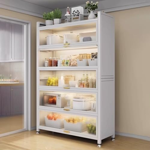 BäCkerregal Mit KlapptüRen, MikrowellenstäNder Mit Eingebauter Rolle for TöPfe, Besteck, Kaffeemaschine (Weiß/Schwarz) von Generic