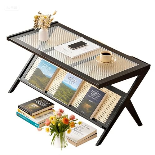 Bambus Moderner Couchtisch für Wohnzimmer Mid-Century Couchtisch mit Glasplatte/Z-förmigen Beinen Holz Rechteck Home Decor,Schwarz von Generic