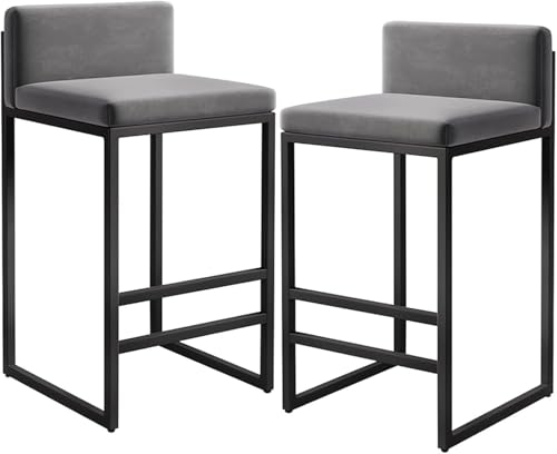 Barhocker Aus Samt Mit Rückenlehne Und Fußstütze Aus Schwarzem Metall, Moderne Gepolsterte Barhocker Mit Hohem Barstuhl Esszimmerinsel Für Frühstück, Theke, Bistro (2 Stück), Gray, 65cm(25.6'') von Generic