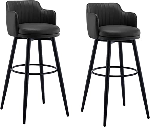 Barhocker Drehbare Bars Stuhl Bar 2er Set Mit Rückenlehne Kücheninsel Barhocker Thekenhöhe Mit Armen, Nappaleder Schwarze Metallbeine Schwarze Fußstütze Für Pub Home Bar Esszimme, Black, 80cm von Generic
