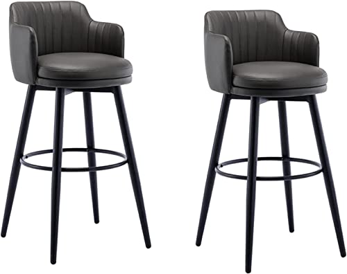 Barhocker Drehbare Bars Stuhl Bar 2er Set Mit Rückenlehne Kücheninsel Barhocker Thekenhöhe Mit Armen, Nappaleder Schwarze Metallbeine Schwarze Fußstütze Für Pub Home Bar Esszimme, Grey, 75cm von Generic