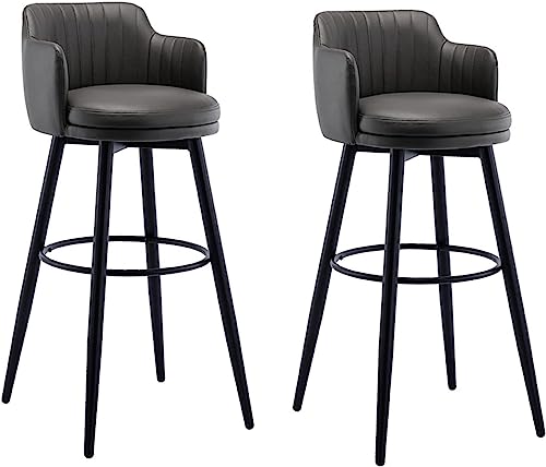 Barhocker Drehbare Bars Stuhl Bar 2er Set Mit Rückenlehne Kücheninsel Barhocker Thekenhöhe Mit Armen, Nappaleder Schwarze Metallbeine Schwarze Fußstütze Für Pub Home Bar Esszimme, Grey, 80cm von Generic