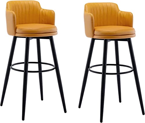 Barhocker Drehbare Bars Stuhl Bar 2er Set Mit Rückenlehne Kücheninsel Barhocker Thekenhöhe Mit Armen, Nappaleder Schwarze Metallbeine Schwarze Fußstütze Für Pub Home Bar Esszimme, Orange, 80cm von Generic