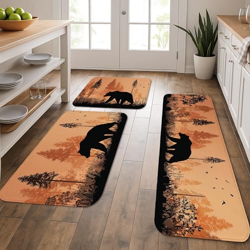 Bear Küchenmatten für Boden, Natur-Silhouette, weiche Matten, gepolstert, bequem, waschbar, rutschfest, Dekor-Teppiche für Küche, Waschbecken, Waschküche, Badezimmer, 3 Stück von Generic