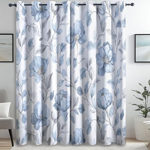 Bedruckte Verdunkelungsvorhänge H245 x B145 cm (2er Pack) mit Ösen Blickdicht Aquarell böhmischer Stil Blaue Blumen Muster Privatsphäre Gardinen für Wohnzimmer Grau Blau Fenstervorhänge von Generic