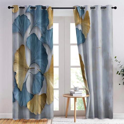 Bedruckte Vorhänge Luxus Ginkgoblatt Muster Blickdicht Vorhang Grau Gold mit Ösen Gardinen Deko Ösenvorhang Dekoschal DekogardinenH215 x B110 cm (2er Pack) von Generic