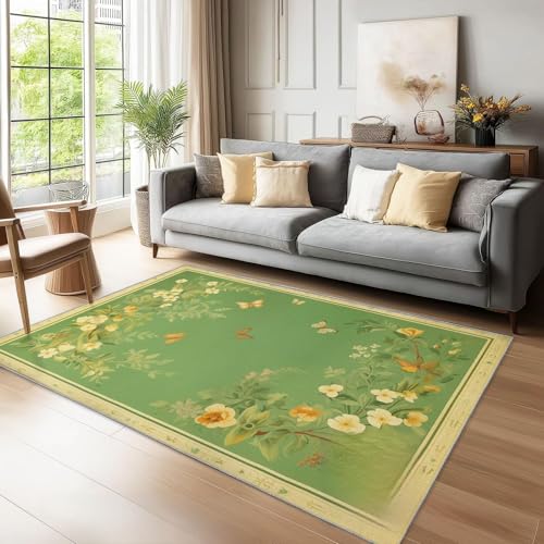 Bedruckter Teppich Blumen und SchmetterlingeLandschaftfrisch Hergestellt 120 x 180 cm WaschbarerTeppich Schlafzimmer, Antibakteriell, Antirutschunterlage, Küchenteppich Grün und Gelb von Generic