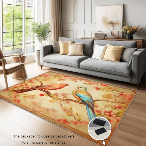 Bedruckter Teppich BlumenVögelniedlich Hergestellt 120 x 180 cm WaschbarerTeppich Schlafzimmer, Antibakteriell, Antirutschunterlage, Küchenteppich Gelb von Generic