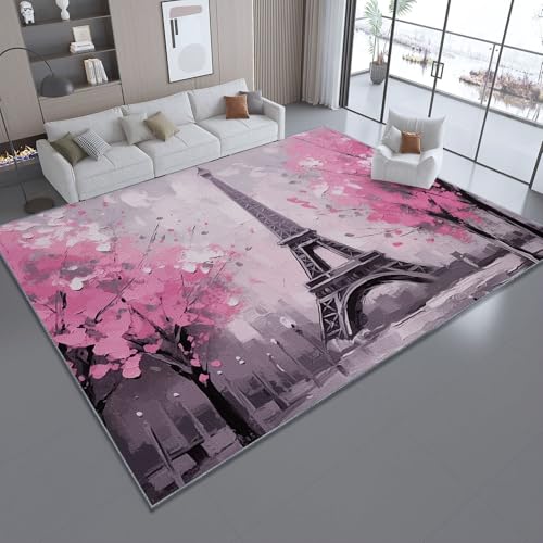 Bedruckter Teppich EiffelturmRomantikKirschblüten Hergestellt 120 x 180 cm WaschbarerTeppich Schlafzimmer, Antibakteriell, Antirutschunterlage, Küchenteppich Rosa Esche von Generic