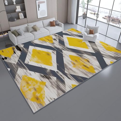 Bedruckter Teppich Geometrischkünstlerischeinfach Hergestellt 60 x 110 cm WaschbarerTeppich Schlafzimmer, Antibakteriell, Antirutschunterlage, Küchenteppich Gelb-Grau von Generic