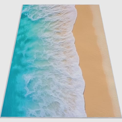 Bedruckter Teppich Küstenwellen Natur Hergestellt 120 x 180 cm WaschbarerTeppich Schlafzimmer, Antibakteriell, Antirutschunterlage, Küchenteppich Blau Beige von Generic