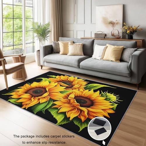 Bedruckter Teppich Ölgemälde StilSonnenblumen Hergestellt 120 x 180 cm WaschbarerTeppich Schlafzimmer, Antibakteriell, Antirutschunterlage, Küchenteppich Gelb von Generic