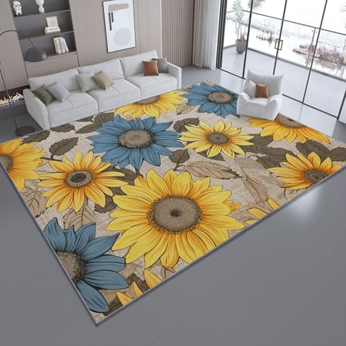 Bedruckter Teppich Sonnenblumefrischnatürlich Hergestellt 60 x 110 cm WaschbarerTeppich Schlafzimmer, Antibakteriell, Antirutschunterlage, Küchenteppich Gelb und Blau von Generic