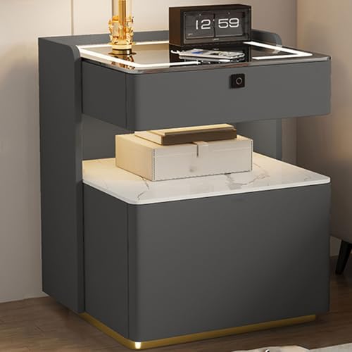 Bedside Tables Wood Nachttisch Mit Ladefunktion Und Licht Massivholz Und Katzenpfotenleder Safe-Design Mit Zahlenschloss für Schlafzimmer Und Wohnzimmer(Dark Gray,45x40x58cm) von Generic