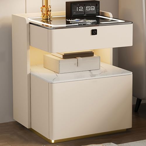 Bedside Tables Wood Nachttisch Mit Ladefunktion Und Licht Massivholz Und Katzenpfotenleder Safe-Design Mit Zahlenschloss für Schlafzimmer Und Wohnzimmer(Light Brown+White,40x40x58cm) von Generic