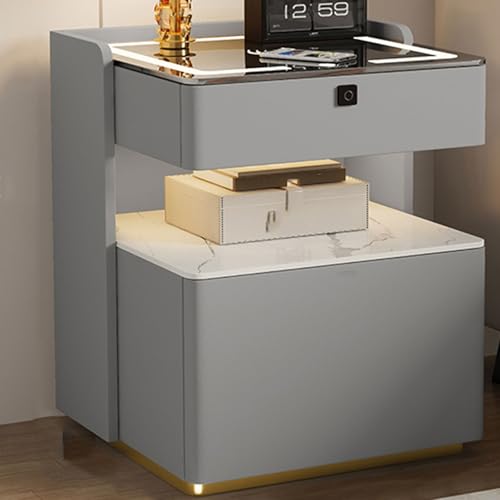 Bedside Tables Wood Nachttisch Mit Ladefunktion Und Licht Massivholz Und Katzenpfotenleder Safe-Design Mit Zahlenschloss für Schlafzimmer Und Wohnzimmer(White+Light Gray,40x40x58cm) von Generic