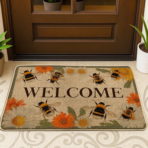 Bees Welcome Fußmatte, gelbes Blumenmuster, Fußmatte für Frühling, Außen- und Inneneingang, Bauernhaus-Dekor, rutschfest, saugfähig, pflegeleicht, 73,2 x 43,2 cm von Generic