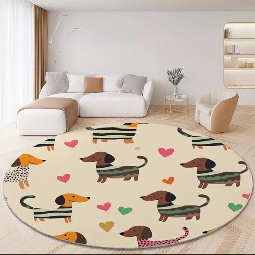 Beige Teppich Rund 180 cm Cartoon Süß Dackel Liebesherz Moderner rutschfest Teppiche Runder Waschbar Rund Teppiche Kurzflor Weich Runder Teppich for Wohnzimmer Schlafzimmer Kinderzimmer Beige Teppich Rund 180 cm Cartoon Süß Dackel Liebesherz Moderner rutschfest Teppiche Runder Waschbar Rund Teppiche Kurzflor Weich Runder Teppich for Wohnzimmer Schlafzimmer Kinderzimmer von Generic