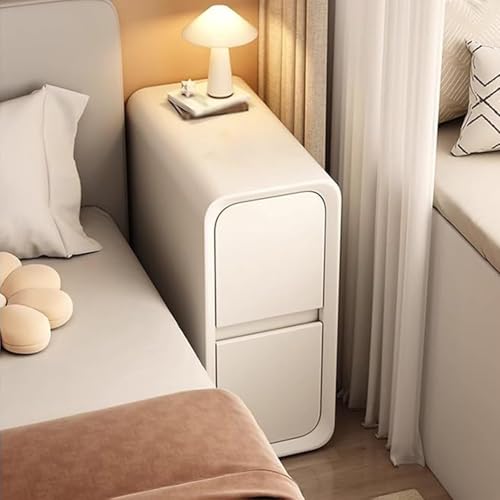 Beistelltisch Schmal Klein Nachtschrank Aus Massivholz Nachttisch Schmal Mit Lederoberfläche Moderner Schmaler Sofa-Beistelltisch Mit 2 Schubladen Nachttisch Schmal Leder(Beige,W20cm/7.8in) von Generic