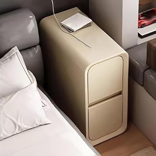Beistelltisch Schmal Klein Nachtschrank Aus Massivholz Nachttisch Schmal Mit Lederoberfläche Moderner Schmaler Sofa-Beistelltisch Mit 2 Schubladen Nachttisch Schmal Leder(Khaki,W20cm/7.8in) von Generic