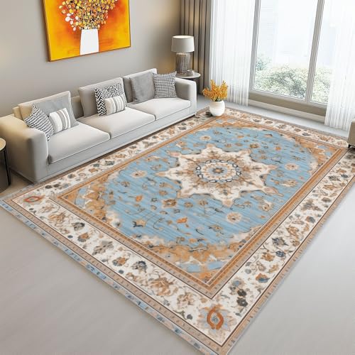 Bereich Teppich 160 x 230 cm, rutschfeste Kurzflor Bedruckte Traditionelles Geometrisches Blumendesign Teppiche Waschbar Teppiche Gegend für Jungen, Teen Schlafzimmer Wohnzimmer Dekor, Hellblau von Generic