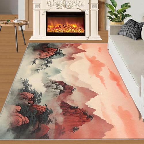 Berge Teppich Retro-Chinesischer Stil Kinderzimmerteppiche Abstrakt Berge Tuschemalerei 100x140 Rug Naturlandschaft Vorleger Rutschfester Teppich Für Stark Frequentierte Bereiche von BEQUTIY