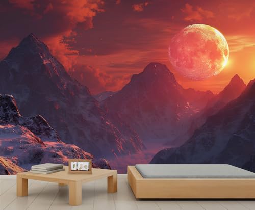 Berglandschaft Wandbilder Himmel Tapete Roter Mond/Sonne Art Deco Tapete Natur Schlafzimmer Tapete für Schlafzimmer Wohnzimmer Wandbild Poster 400X280cm von Generic
