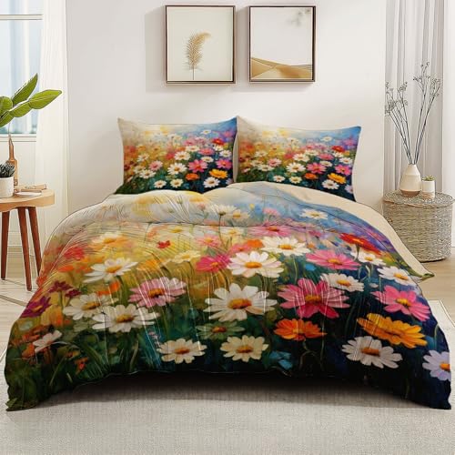 Bettbezüge Reversibel 135 x 200 cm mit 2 Kissenbezug 80 x 80 cm, Bettbezug Set Microfaser Ländlicher Stil Blumenmeer Ölgemälde Thema für Jugendliche und Erwachsene, Sommer-Bettwäsche-Set Aprikose von Generic