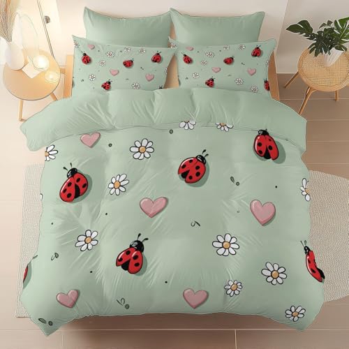 Bettbezüge Set, Cartoon Niedlich Marienkäfer Herz Muster Bedruckt Bettbezug Mit Reißverschluss, Grün Weiche Mikrofaser Bettwäsche Set 135 x 200 cm, 2 Stück Set Pflegeleicht Weich von Generic