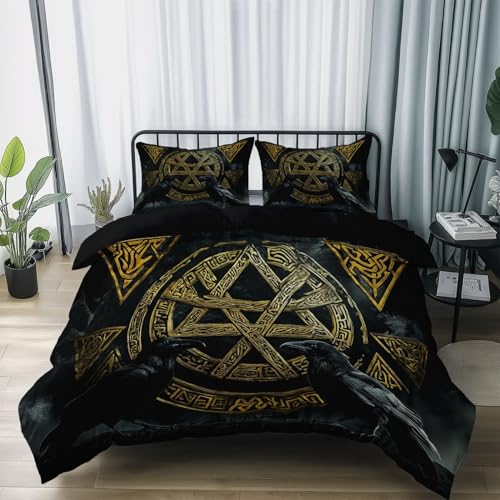 Bettbezüge-Set 3D Effekt Mystisch Wikinger Rune Vogel Motiv 135 x 200 cm Bettbezug mit Reißverschluss,Microfaser Bettbezug-Set mit 2 Kissenbezug 80 x 80 cm fur Erwachsene Jugendliche, Schwarz von Generic