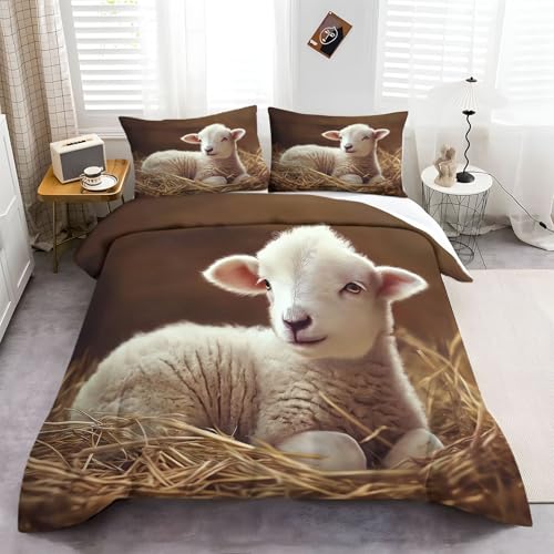 Bettbezug 135 × 200 cm, 3 Stück Tier Lamm Deluxe Bettwäsche Set aus Mikrofaser Pflegeleicht Bettbezug Mit verstecktem Reißverschluss Gelb Weiß Bettwäsche-Set von Generic