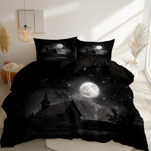 Bettbezug 135 x 200 cm, Nachthimmel Mondlicht Landschaft Print Bettwäsche, Schwarz Weich Mikrofaser Reversible Bettbezüge für Erwachsene Jungen und Mädchen Schlafzimmer-Kollektion von Generic