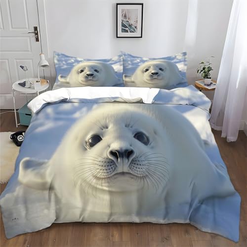 Bettbezug 135 x 200 cm 3 teilig Weiß Bettbezug Set Microfaser Super Weich Bettdeckenbezug, Natürlicher Schnee Robben Muster mit Reißverschluss Deckenbezug Bettwaesche Jugendliche Teenager Jungen von Generic