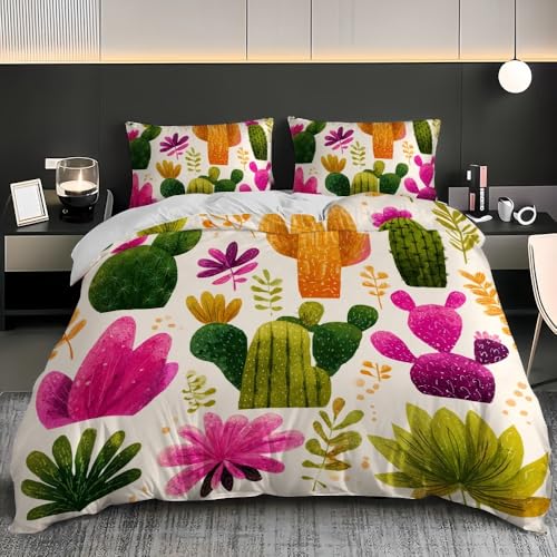 Bettbezug 155x220 cm Weich Bügelfrei Erwachsene Bettwäsche 3-teiliges - KaktusbläTter Pflanzen Bettwäsche-Sets mit 2 Kissenbezug 80x80, Mehrfarbig Bettbezug für Einzelbett mit Reißverschluss von Generic
