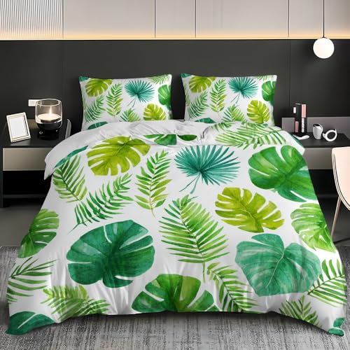 Bettbezug 180x200 cm Weich Bügelfrei Erwachsene Bettwäsche 3-teiliges - Aquarell PflanzenbläTter Bettwäsche-Sets mit 2 Kissenbezug 80x80, Weiß Bettbezug für Einzelbett mit Reißverschluss von Generic