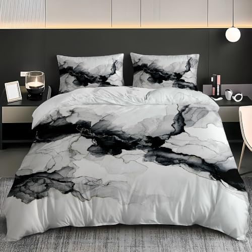 Bettbezug 240x220 cm Weich Bügelfrei Erwachsene Bettwäsche 3-teiliges - Chinesische FarbflüSsigkeit Bettwäsche-Sets mit 2 Kissenbezug, Schwarz und Weiß Bettbezug für Einzelbett mit Reißverschluss von Generic