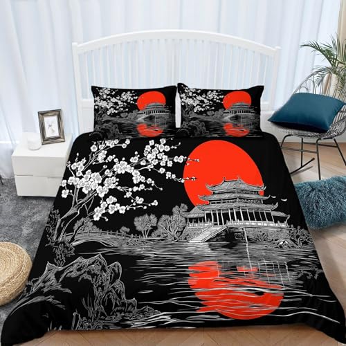 Bettbezug Bedruckt Bettwäsche-Set 155 × 220 cm, Drucken Bettbezug Japanisches Cartoon-GebäUde Bettwäsche-Set auf Weiches Mikrofaser-Baumwolle 1 Bettbezug Schwarz Rot und 2 Kissenbezug von Generic