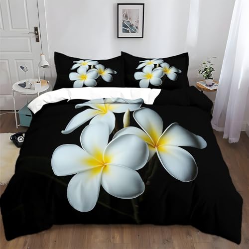 Bettbezug Blumen Frangipani Fotografie Muster, 135 x 200 cm Mikrofaser Bettbezug mit Reißverschluss, Schwarz Weich Bettwäsche Set mit 2 Kissenbezügen 80 x 80 cm von Generic