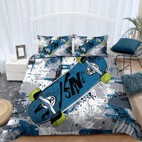 Bettbezug Graffiti Skateboard Thema, Grau Weiche Bettwäsche Set mit 2 Kissenbezüge, Microfaser Atmungsaktiv Bettbezug 135 x 200 cm für Kinder Junge Erwachsene von Generic