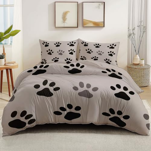 Bettbezug Reversibel Einfacher Farbblock mit Pfotenabdruck Thema für Jungen Mädchen, Pflegeleichte Mikrofaser Bettwäsche Set 135 x 200 cm mit Reißverschluss und 1 Kissenbezug 80 x 80 cm, Dunkelgrau von Generic