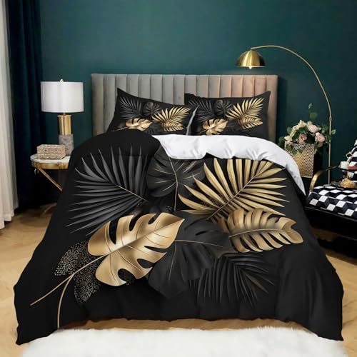 Schwarzes Gold 3-teiliges Bettwäsche-Set 200 x 200 cm - Microfaser Bettbezug Mit Reißverschluss, Für Kinder Und Erwachsene - Elegante Palmblätter, Bequem Und Atmungsaktiv Schwarzes Gold 3-teiliges Bettwäsche-Set 200 x 200 cm - Microfaser Bettbezug Mit Reißverschluss, Für Kinder Und Erwachsene - Elegante Palmblätter, Bequem Und Atmungsaktiv von Generic