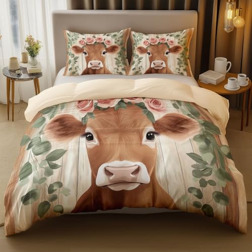 Wendbare Bettwäsche Set 135 x 200 cm, Mikrofaser Bettbezug mit Reißverschluss, Cartoon-Tiere Kuh Thema Druck Kinder, Teenager Erwachsene, Schlafzimmer Dekoration Beige Wendbare Bettwäsche Set 135 x 200 cm, Mikrofaser Bettbezug mit Reißverschluss, Cartoon-Tiere Kuh Thema Druck Kinder, Teenager Erwachsene, Schlafzimmer Dekoration Beige von Generic