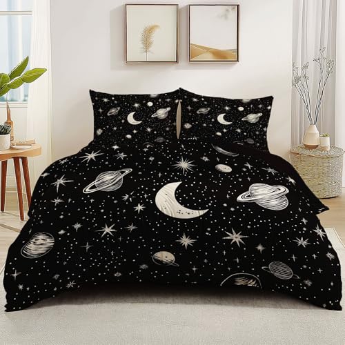Bettbezug-Set Einfach Mond Sterne Bedrucktes, Weiches gebürsteter Mikrofaser Bettwäsche, 155 x 200 cm Für Erwachsene Teenager Kinder 3 Stück Mit Reißverschluss Schwarz Bettbezug-Set Einfach Mond Sterne Bedrucktes, Weiches gebürsteter Mikrofaser Bettwäsche, 155 x 200 cm Für Erwachsene Teenager Kinder 3 Stück Mit Reißverschluss Schwarz von Generic