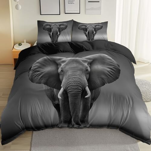 Bettbezug Set Schwarz, Einfache Pflege 3 Teilig 135 x 200 cm und 2 Kissenbezug 80 x 80 cm, Atmungsaktiv Weich Mikrofaser Sommer-Bettwäsche-Sets Fotografie Tiere Elefanten Thema von Generic