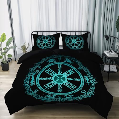 Bettbezug-Set mit Reißverschluss 135 x 200 cm und 2 Kissenbezug für Jungen Mädchen Erwachsene, Weich Atmungsaktiv Mikrofaser Bettwäsche-Set Dunkle Töne Mystisch Wikinger-Rune Thema, Schwarz von Generic