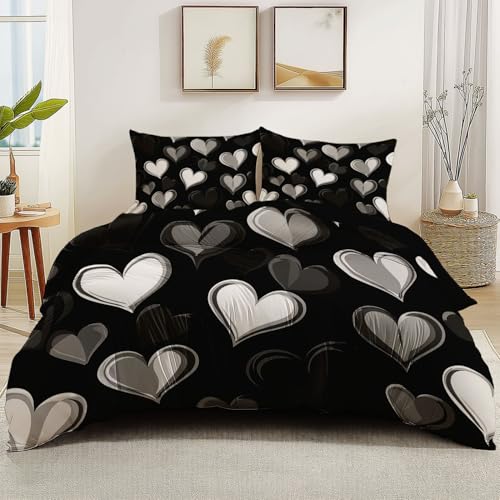 Bettbezug-Set mit Reißverschluss 135 x 200 cm und 2 Kissenbezug für Jungen Mädchen Erwachsene, Weich Atmungsaktiv Mikrofaser Bettwäsche-Set Einfach Cartoon Herz Thema, Schwarz von Generic