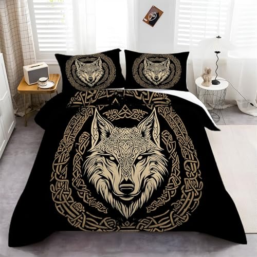 Bettbezug Sets 135 x 200 cm Bettwäsche Sets Bedruckt Ultraweiche Mikrofaser Wikinger Kunst Tier Wolf Bettbezug Set Pflegeleicht Luxuriöse Schlafzimmerdekoration Schwarz Braunes von Generic